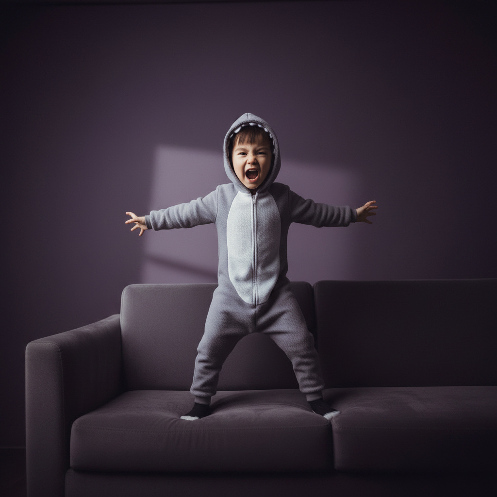 Child in a shark onesie standing on a couch against a dark background