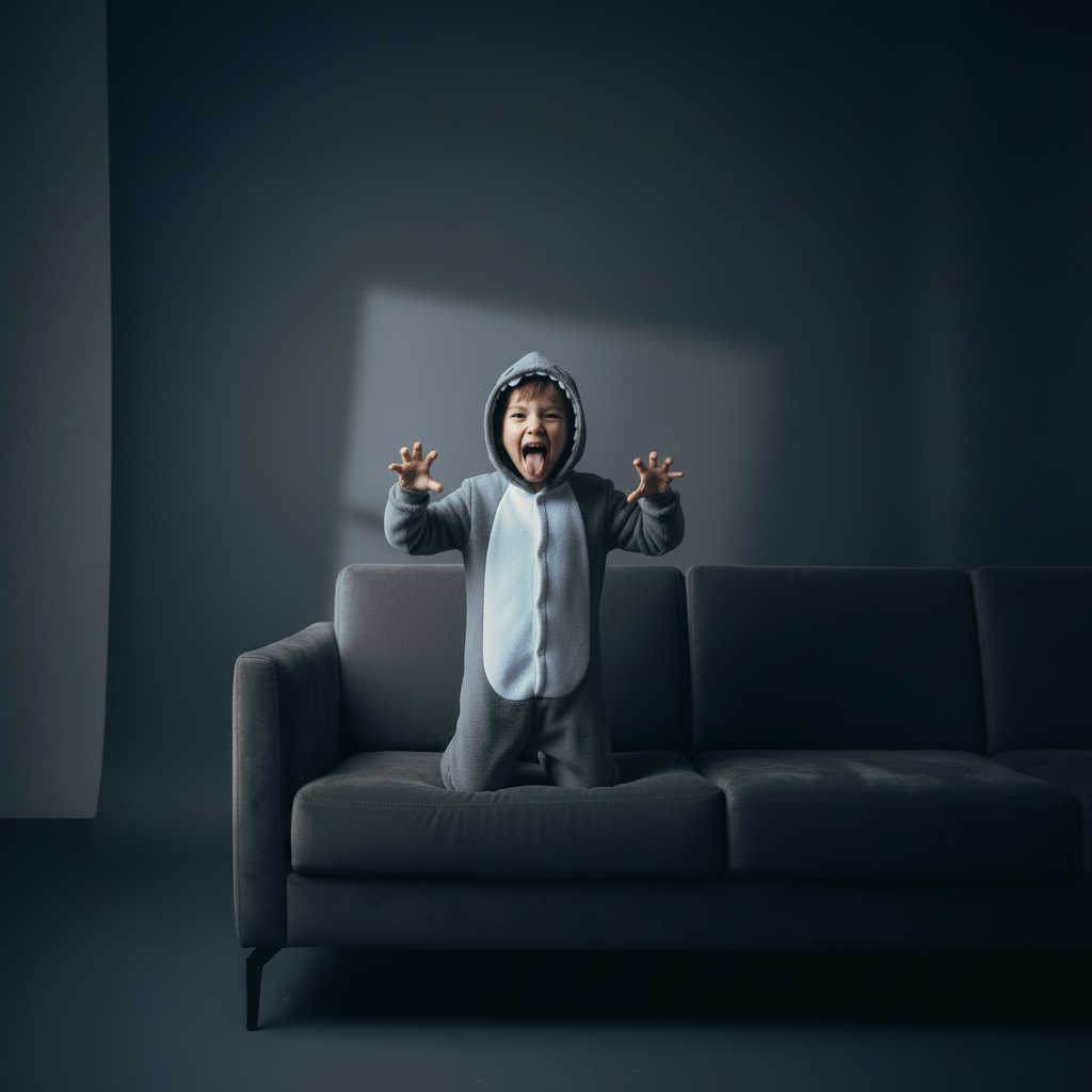 Child in a gray onesie standing on a dark gray couch with a dark background
