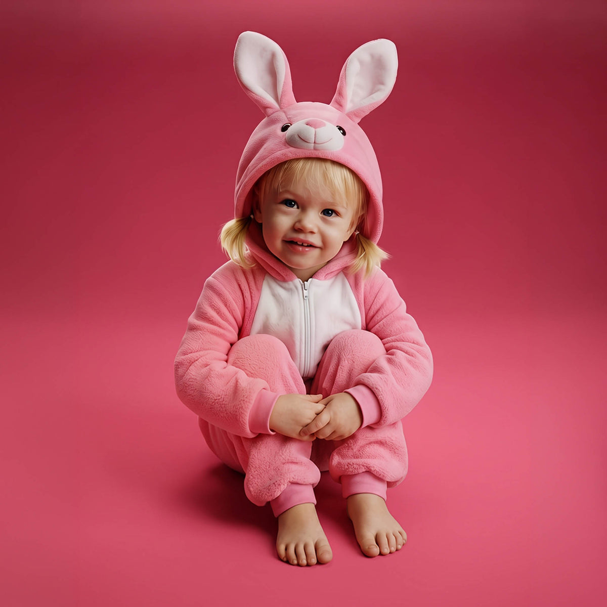 A toddler wearing a pink bunny onesie with a hood featuring long bunny ears and a white front panel, sitting against a solid pink studio background.