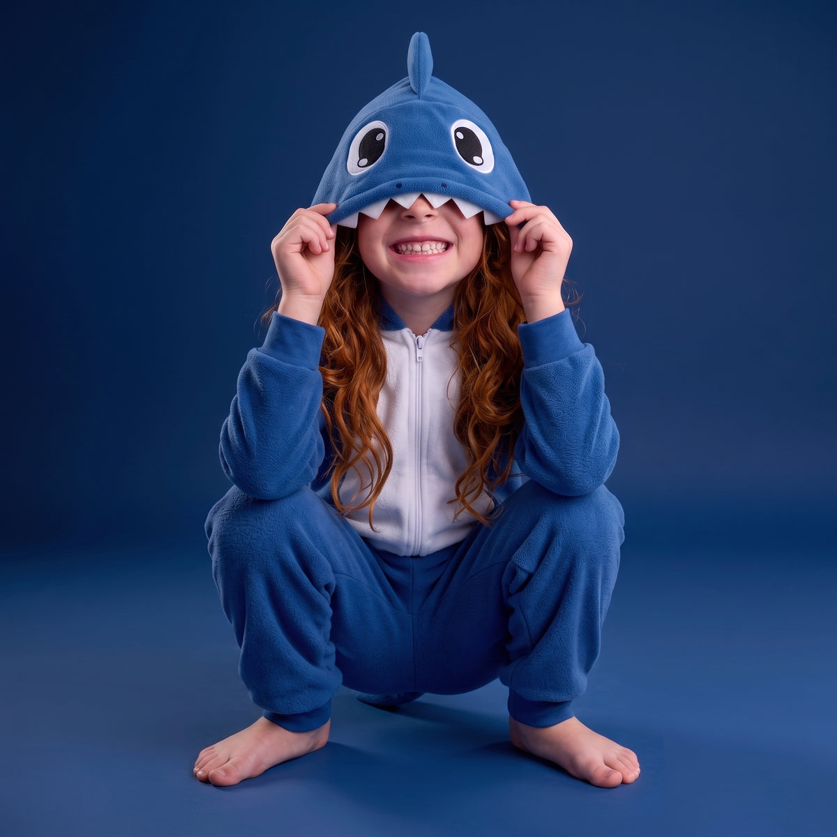 A child wearing ShaBOO the blue shark-themed onesie with a hood featuring large cartoon eyes and white teeth, crouching against a dark blue studio background.