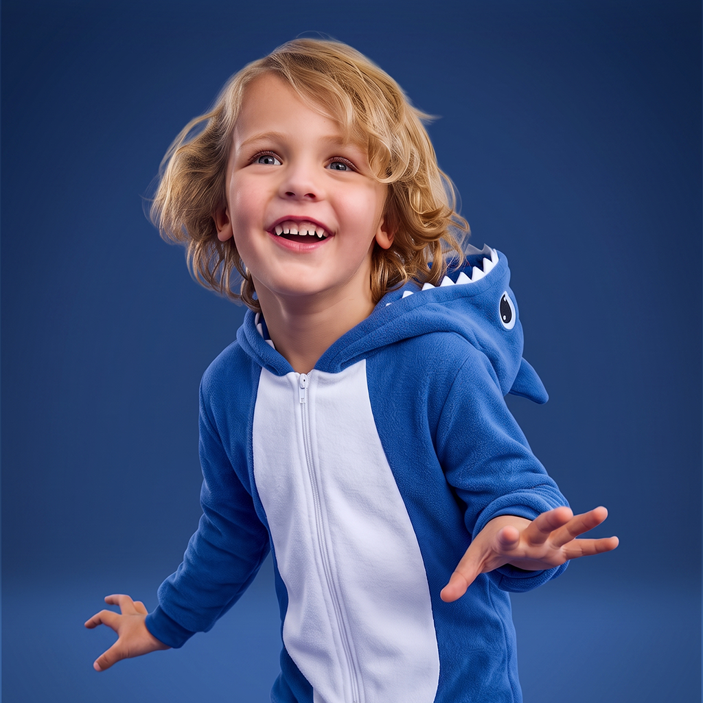 A young child wearing ShaBOO the blue and white shark costume hoodie, smiling and posing against a solid dark blue studio background.