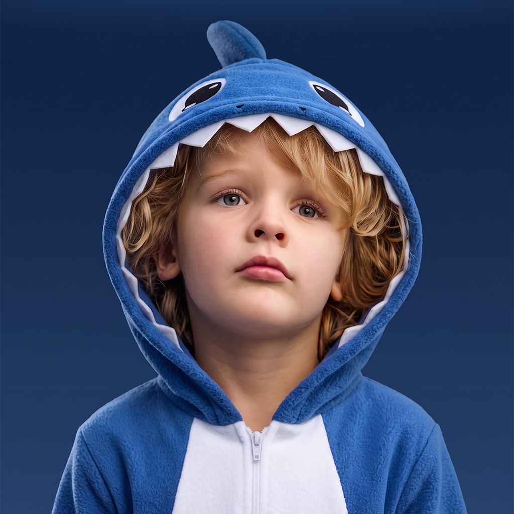 A young child wearing ShaBOO the blue and white shark onesie with a shark-mouth hood, photographed against a dark blue studio background.