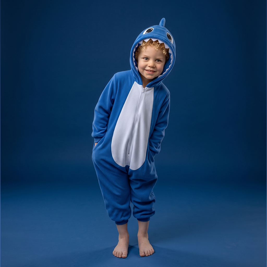 A young child wearing ShaBOO the blue and white shark-themed hooded onesie, standing against a solid dark blue studio background.