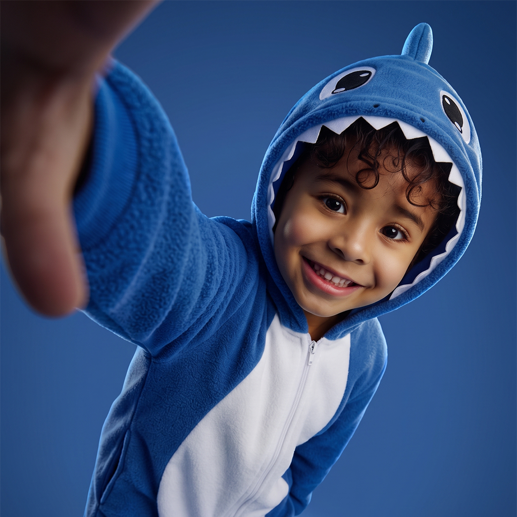 A smiling child wearing ShaBOO the blue and white shark onesie with a hood featuring shark teeth and eyes, reaching toward the camera against a solid blue background.
