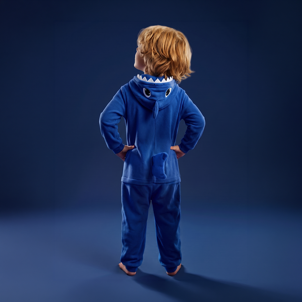 A child with red hair stands with hands on hips, viewed from behind, wearing ShaBO the blue shark-themed hooded one-piece pajama set against a dark blue studio background.