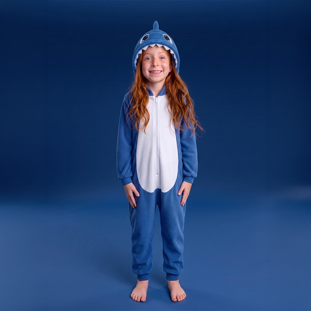 A young girl with long red hair stands barefoot against a dark blue studio background, wearing Shaboo the blue and white shark-themed one-piece pajama costume with a blue hood, white belly panel, and blue legs.
