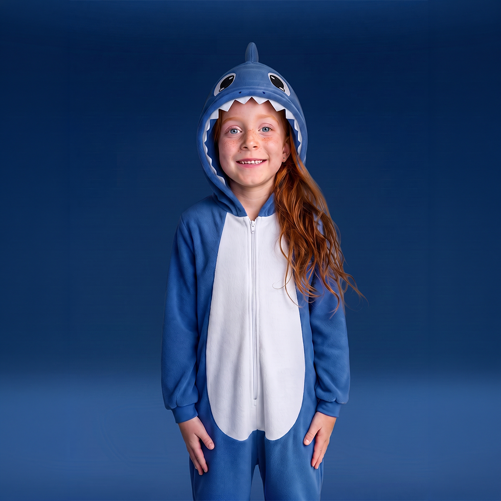A young girl with long red hair wearing ShaBOO the blue and white shark onesie costume, standing against a dark blue studio background.