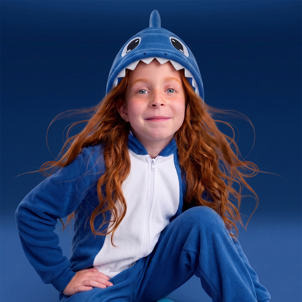 A young girl with long red hair wearing ShaBOO the blue and white shark-themed one-piece pajama suit with a shark hat, posing against a solid dark blue studio background.