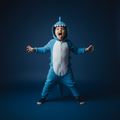 Child wearing a blue onesie with a hood against a dark background