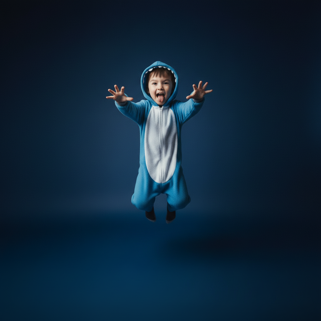 Child in a blue onesie with a white belly, arms outstretched against a dark background