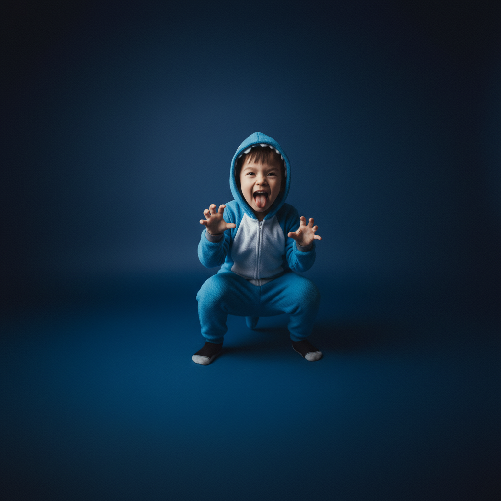 Child in a blue onesie with a hood on a dark blue background