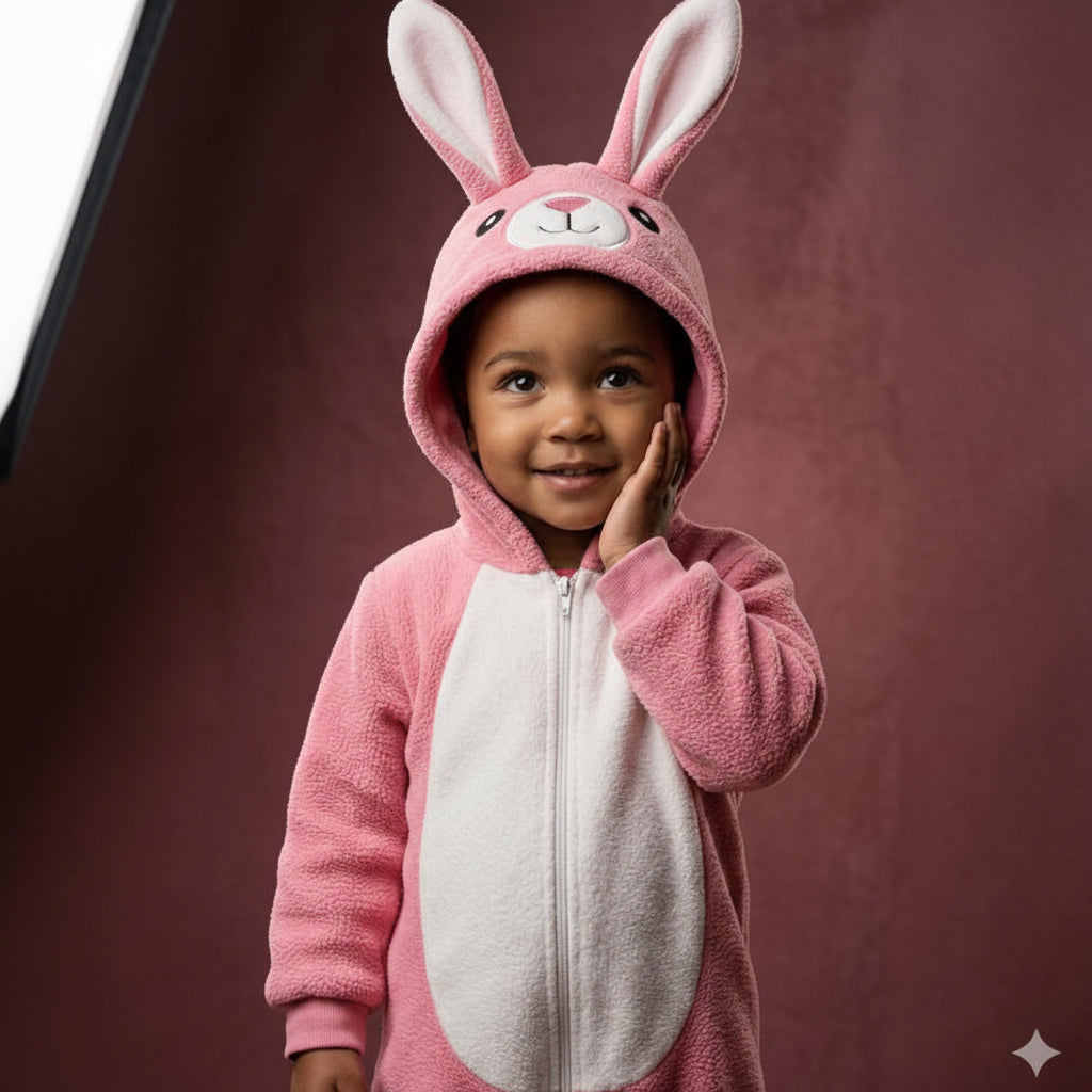 Child wearing a pink bunny onesie against a dark background