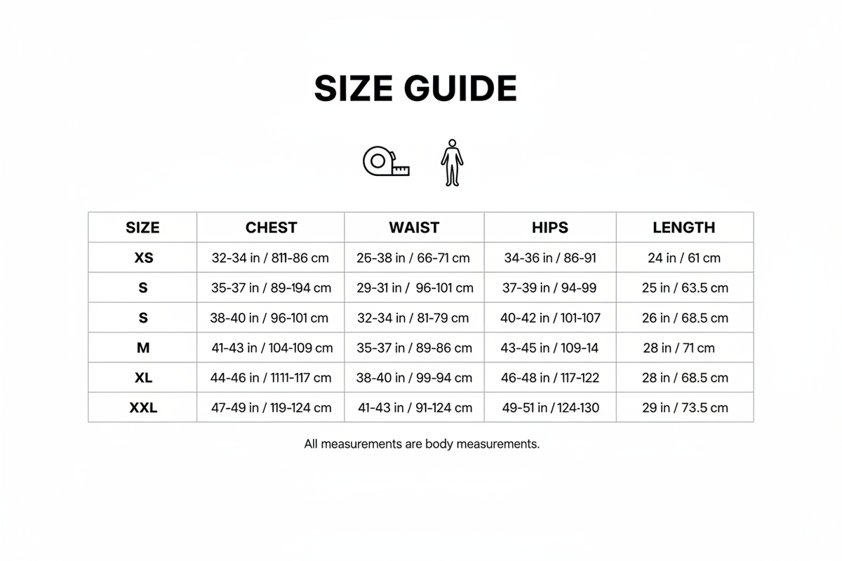 generate a size guide image for our website 